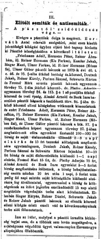 „Elítélt semiták és antisemiták. A pásztói zsidóüldözés.” (Forrás: Pesti Hírlap, 1882. 04. 20., 14. o.)
